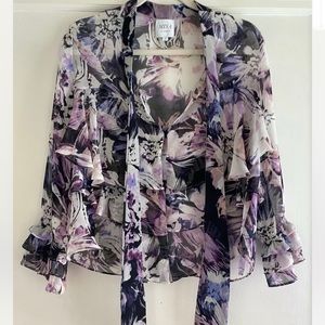 $290 Misa Los Angeles Purple Floral Chiffon Ruffle Blouse Top Size Small